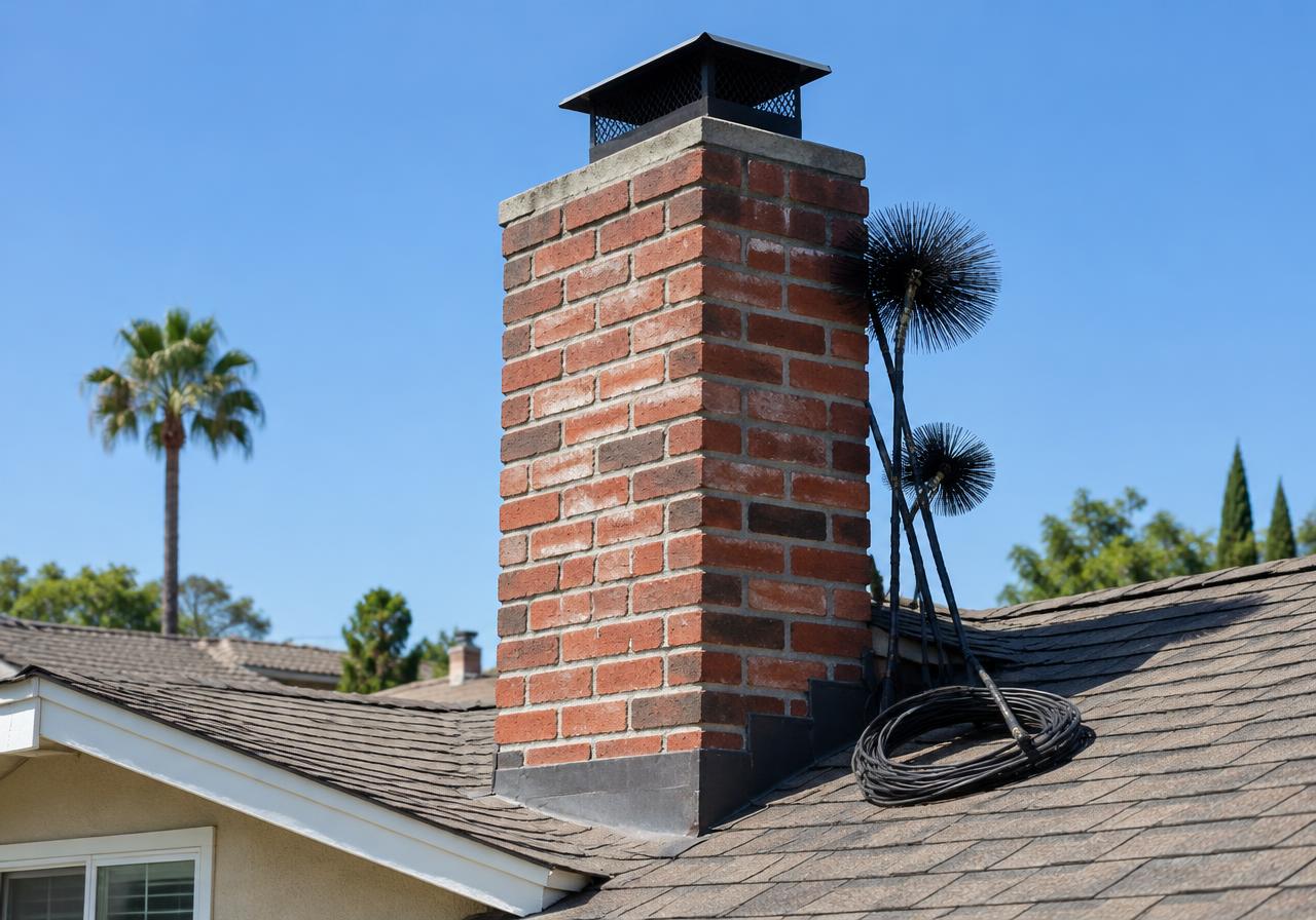 Brick chimney with a metal cap on a residential roof