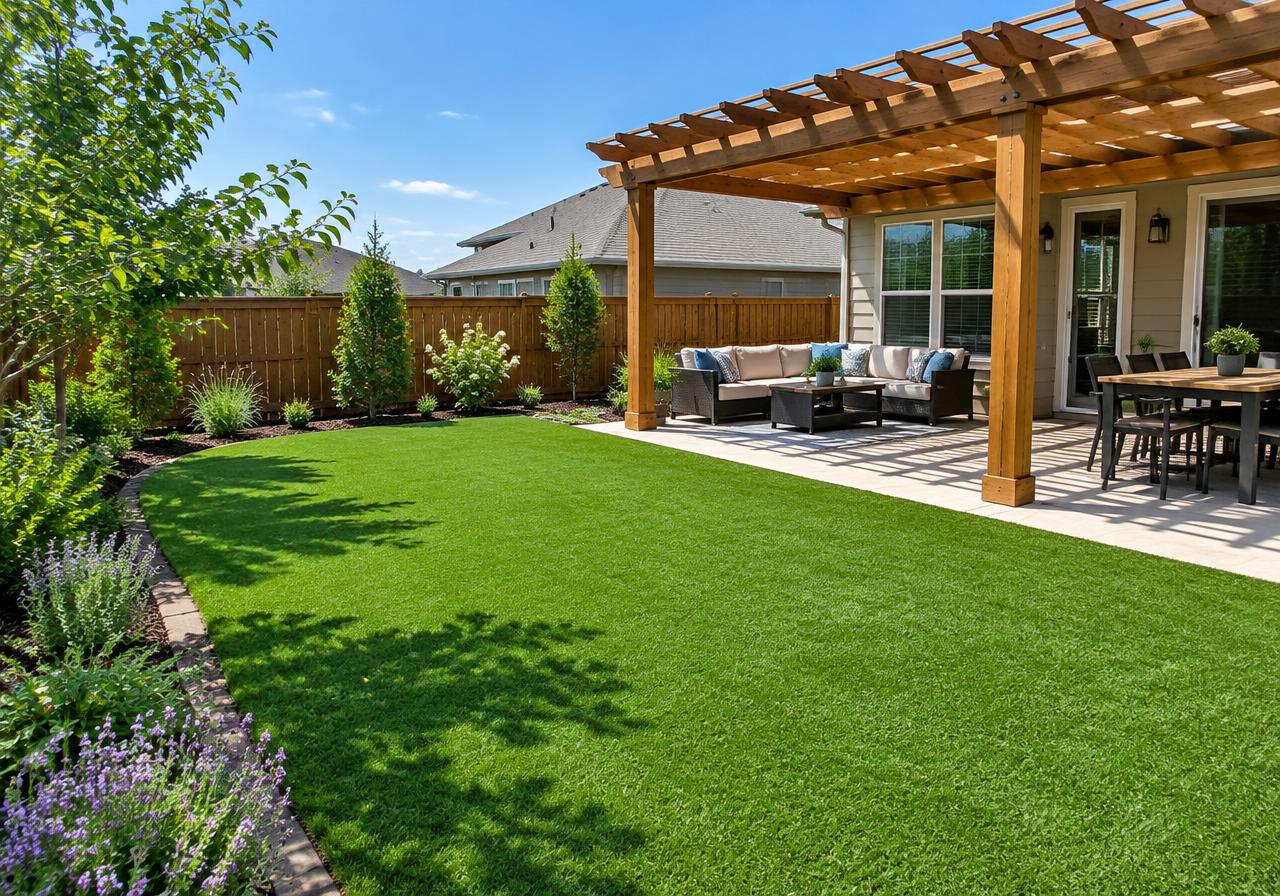 Backyard with artificial turf and a wooden pergola